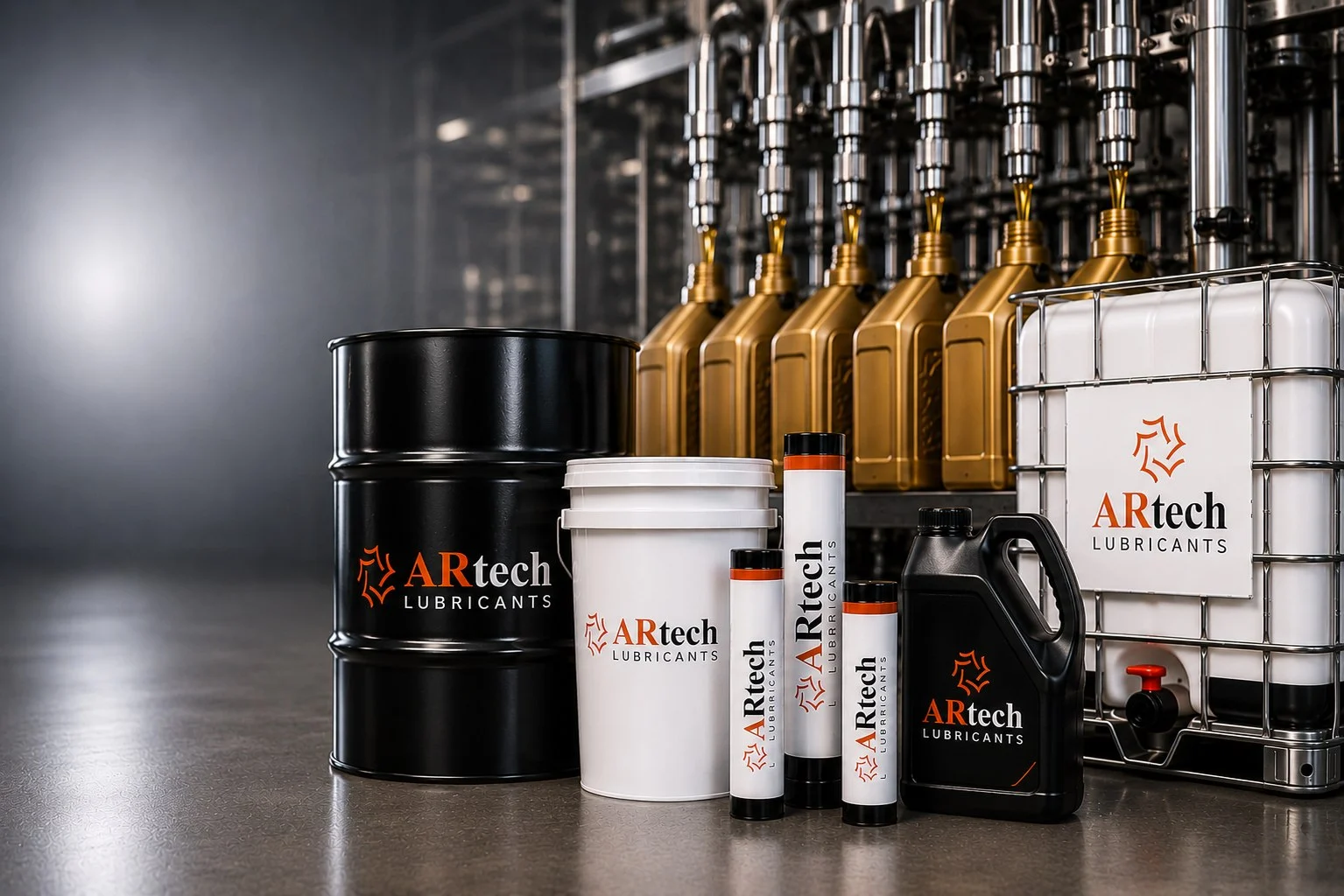ARtech Lubricants drums, pails, cartridges and totes on a filling line